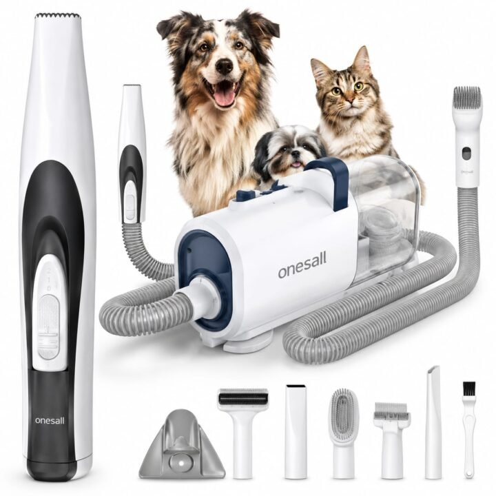 oneisall Dog Vacuum & Dryer for Shedding Grooming, 8 in 1 Dog Grooming Kit with Metal Blade Pet Clippers, Adjustable Speed and Temperature Control Blower