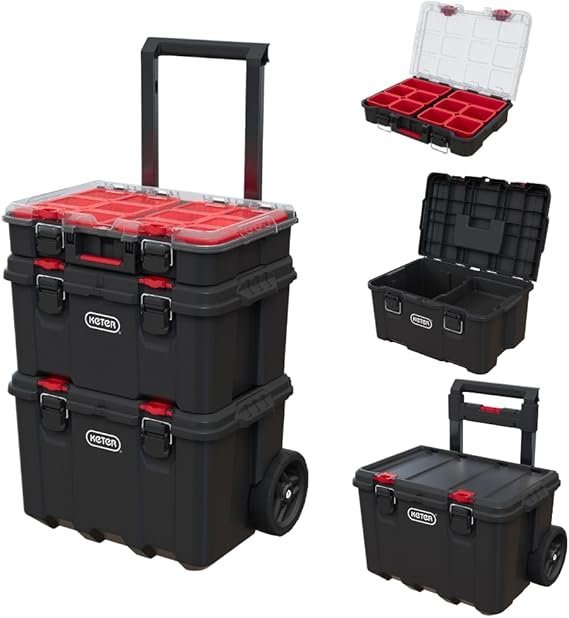 5133Am8ez8L._AC_SX569_-1-1.jpg Keter Stack-n-Roll Modular Tools Organizer for Garage Storage and DIY, 3 Piece Resin Rolling Tool Box System for Small Parts, Black - Image 1