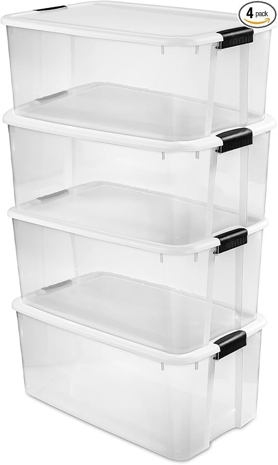 51LxxFibAJL._AC_SX569_PIbundle-4TopRight00_SH20_-1.jpg Sterilite 4-Pack Ultra Latching Box, Storage Bins with Lids, Clear Plastic, 116 Quart – Heavy-Duty Organizing Containers for Closet, Bathroom, and Office - Image 1