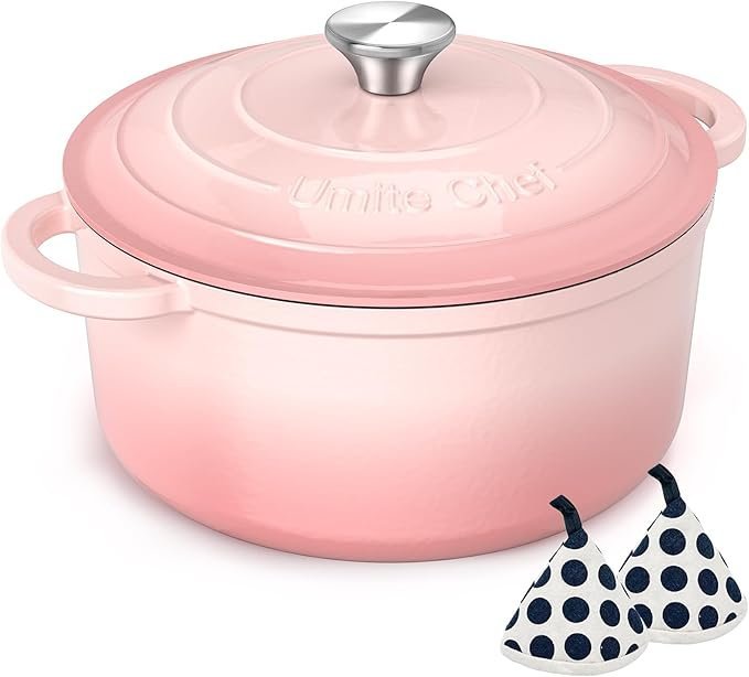 619F9Cdw0aL._AC_SX679_-1.jpg Umite Chef 5QT Enameled Cast Iron Dutch Oven Pot with Lid, Heavy-Duty Cookware for Bread Baking, Braising, Stews, Roasting, Wedding Registry Ideas & Gifts (Pink) - Image 1