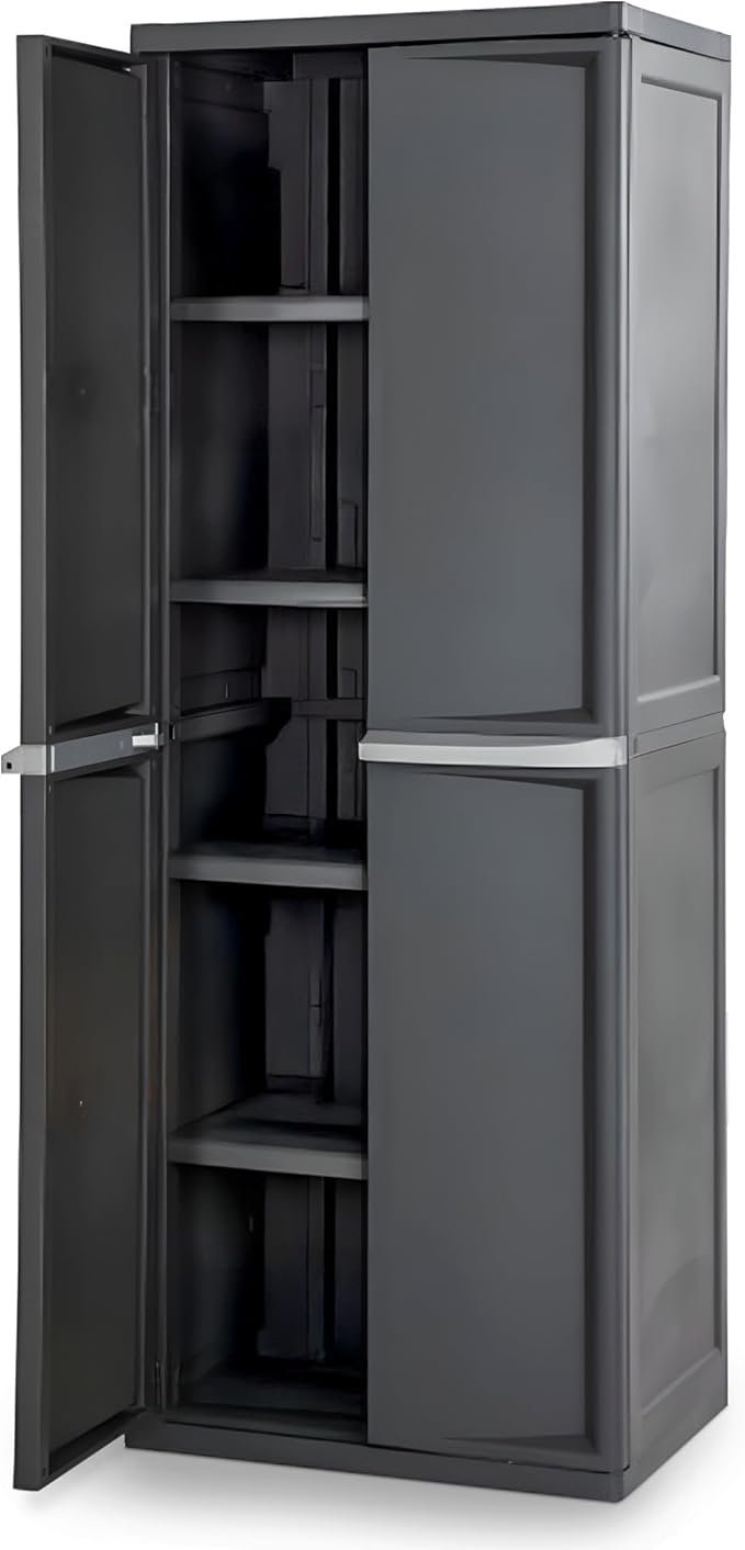 61FJOtNtHvL._AC_SX679_-1.jpg Sterilite 4 Shelf Cabinet, Heavy Duty and Easy to Assemble Plastic Storage Unit, Organize Bins in the Garage, Basement, Attic, Mudroom, Gray, 1-pack - Image 1