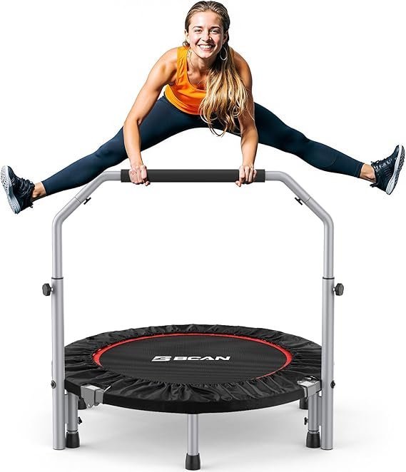 61I4t-HbCaL._AC_SX569_-1.jpg BCAN SP2 40/48″ Foldable Mini Trampoline Max Load 330lbs/440lbs, Fitness Rebounder with Adjustable Foam Handle, Exercise Trampoline for Adults Indoor/Garden Workout | FED Fitness - Image 1