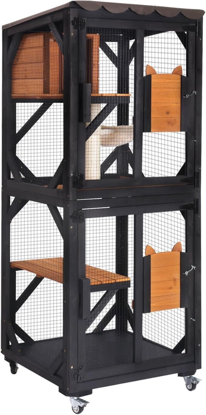 61LAXOUpLRL._AC_SX679_-1.jpg Aivituvin Cat House Window Catio Outdoor Cat Enclosure Mobile Kitty Shelter on Wheels Pet Cage with Resting Box,Hammocks,Waterproof Cover - Image 1