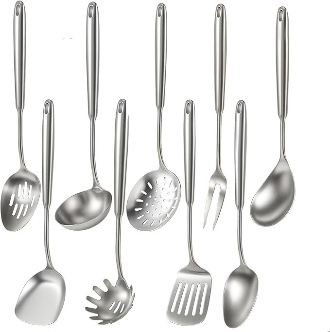 61MyBO67H-L._AC_SX679_-1.jpg Newness 9 Pcs Cooking Utensils Set, 304 Stainless Steel Kitchen Utensils Set, Metal Kitchen Accessories, Include Soup Ladle, Slotted Skimmer Spoon, Spaghetti Spoon and Spatula, Dishwasher Safe - Image 1