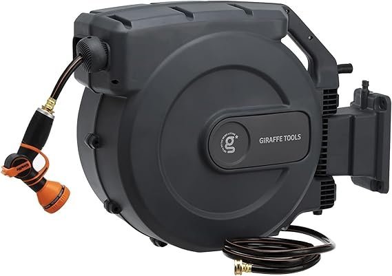 61Psp-XA5iL._AC_SX569_-1-1.jpg Giraffe Tools Retractable Garden Hose Reel 1/2 Inch x 155 with 5 ft Leader Hose, Heavy Duty, Any Length Lock, Slow Return System, Wall Mounted and 180 Deg Swivel Bracket - Image 1