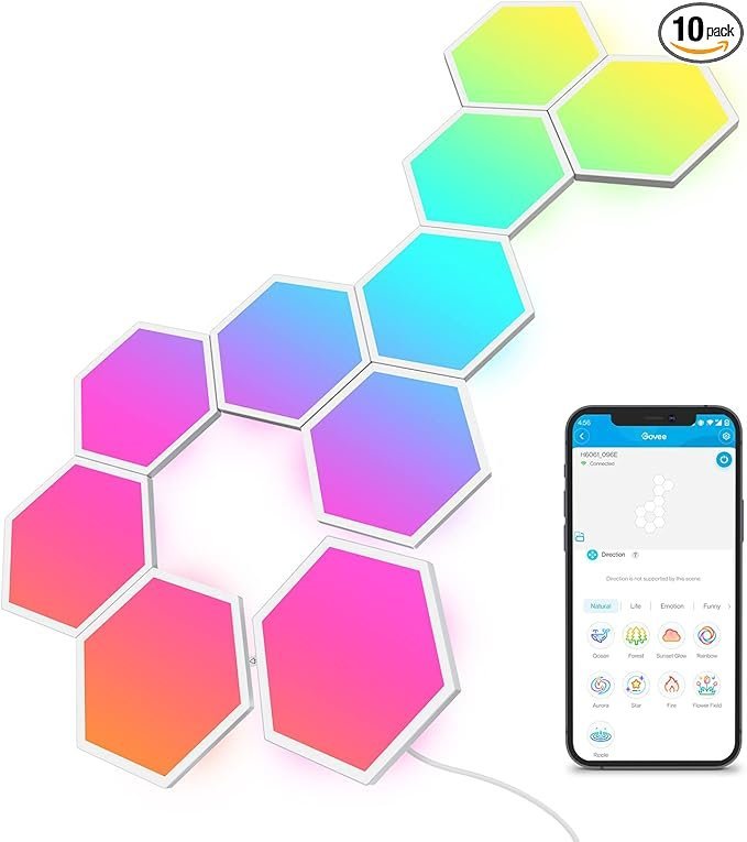 61WCvyYZPcL._AC_SX679_PIbundle-10TopRight00_SH20_-1.jpg Govee Glide Hexa Light Panels, RGBIC Hexagon LED Wall Lights, Wi-Fi Smart Home Creative Wall Lights with Music Sync, Works with Alexa Google Assistant for Indoor Gaming Decor, 10 Pack - Image 1