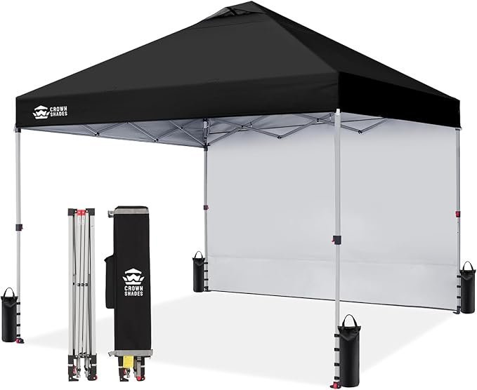 61ZDFuA1X2L._AC_SX679_-1.jpg CROWN SHADES 10×10 Pop Up Canopy with 1 Side Wall – Beach Tent with One Push Setup – Outdoor Sun Shade for Events, Parties, Camping – Gazebo with STO-N-Go Cover Bag (Black) - Image 1
