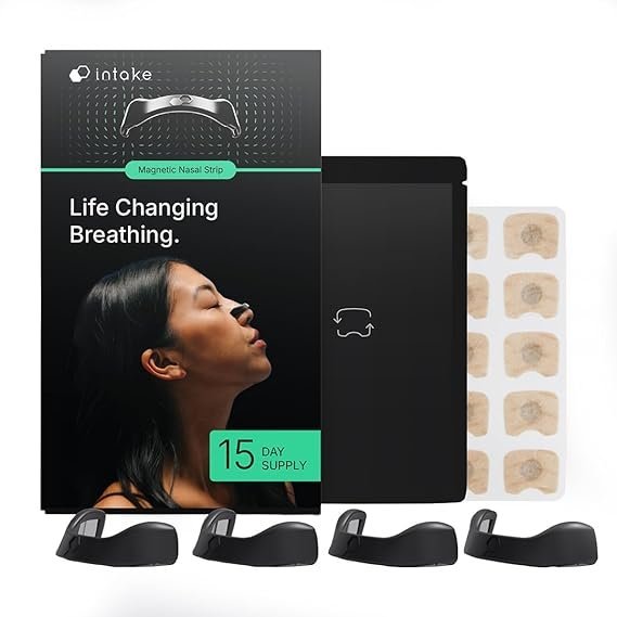 61wGwlVqUkL._AC_SX569_-1.jpg Intake Breathing — Magnetic Nasal Strips Starter Kit | Reusable Band + Tabs | Nasal Strips for Sleep, Snoring, Breathing & Sports | Stronger Lift Than Traditional Nose Strips | 4 Sizes, 15 Tabs, Black - Image 1