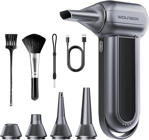 71-GXbysmKL._AC_SX569_-1.jpg WOLFBOX MF100 Electric Air Duster-150000RPM Super Power Cordless Air Duster, Rechargeable Brushless Motor Durable Blower, 3-Gear Adjustable Dust Blower for Computer, Keyboard, Outdoor, House and Car - Image 1