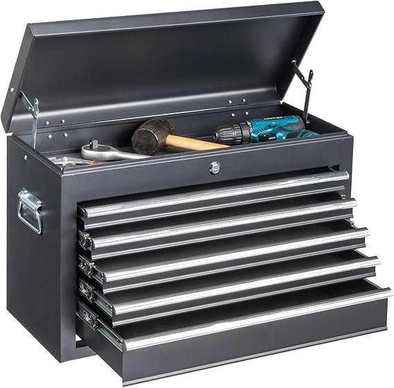 71IiAlcLZJL._AC_SX569_-1.jpg Winado 24″ Portable Metal Tool Box, 5 Drawers Toolbox with Top Storage Tray, Carry Handle, Ball Bearing Runners, Lockable Tool Chest Cabinet for Garage, Warehouse, Repair Shop & Home, Black - Image 1