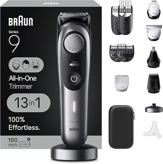 71LeQfcn0L._AC_SX569_-1.jpg Braun Series 9 All-in-One Multi Grooming Kit for Men, 13-in-1 Beard Trimmer, Body Groomer, Hair Clipper and Manscaping for Face & Body, 9440 - Image 1