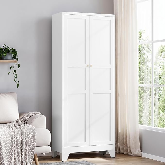 71M84gP9CL._AC_SX679_-1.jpg Yizosh Metal Pantry Cabinet, 75″ Kitchen Pantry with 2 Door and 4 Adjustable Shelves,White Metal Pantry Storage Cabinet,Cupboard for Kitchen,Dining Room,Living Room and Bathroom - Image 1