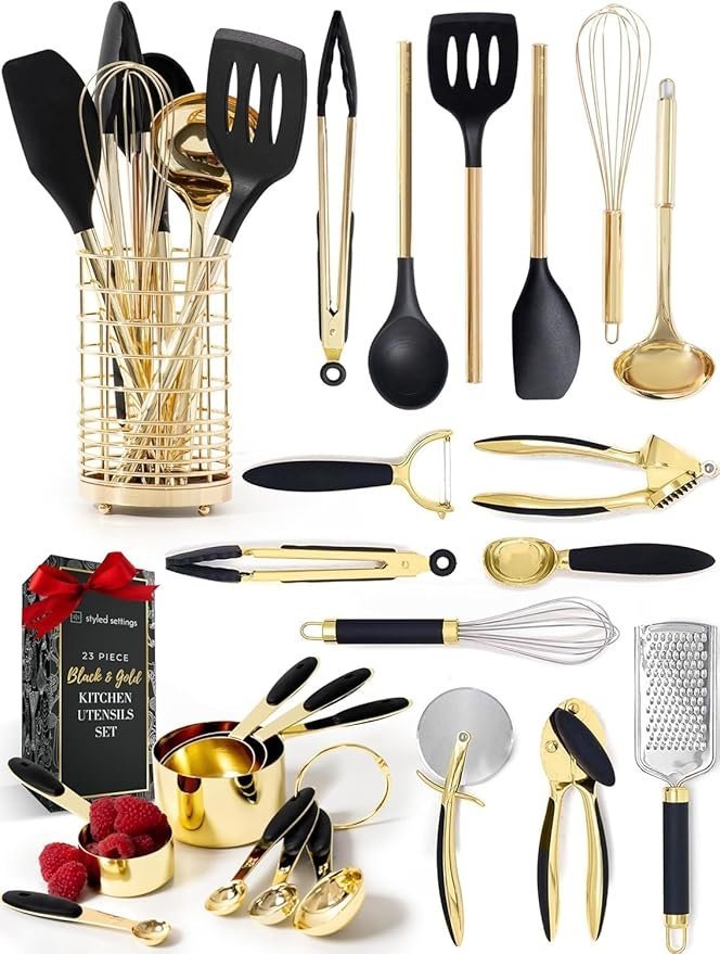 71SyRbWnO0L._AC_SY879_-1.jpg Black and Gold Kitchen Utensils Set – 23-Piece Luxury Kitchen Accessories Includes Gold Measuring Cups, Spoons, Silicone Cooking Utensils and Tools for Baking, Cooking, and Stylish Kitchen Decor - Image 1