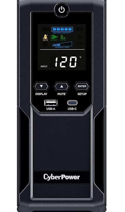CyberPower CP1500AVRLCD3 Intelligent LCD UPS System, 1500VA/900W, 12 Outlets, 2 USB Ports, AVR, Mini Tower, Black
