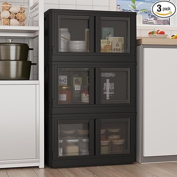 71Ysb4kc99L._AC_SX569_PIbundle-3TopRight00_SH20_-1.jpg FLEXIMOUNTS 228 QT Stackable Storage Bins With Lids, Collapsible Plastic Storage Bins With Doors and Built-in Wheels For Home Dorm Closet Organizers and Storage, 3 Pack Cubes, Black - Image 1