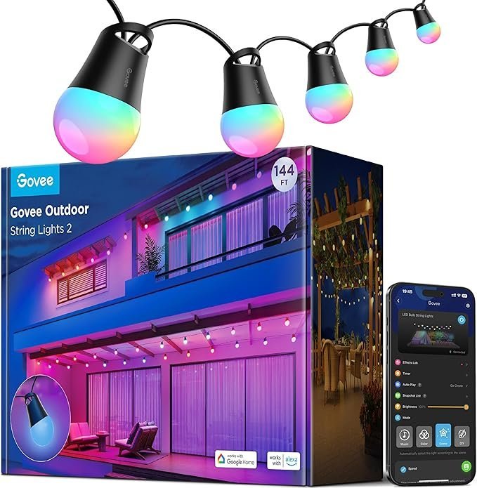 71ag0xH4YsL._AC_SX679_PIbundle-45TopRight00_SH20_-1.jpg Govee Smart Outdoor String Lights 2, 144ft Outdoor Lights with Dimmable Warm White LED Bulbs, 47 Scene Modes for Patio, Backyard, Balcony, IP65 Waterproof, Works with Alexa, App Control - Image 1