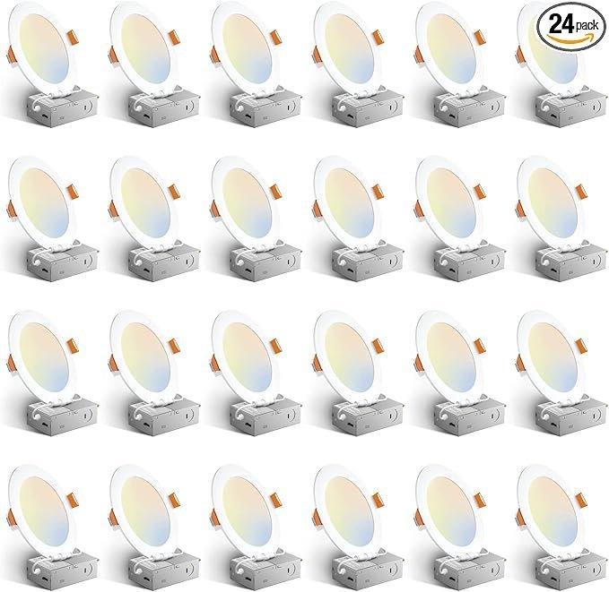 71bMmAlAuL._AC_SX679_PIbundle-24TopRight00_SH20_-1.jpg Amico 24 Pack 6 Inch 5CCT Ultra-Thin LED Recessed Ceiling Light with Junction Box, 1050LM Brightness, Dimmable Canless Wafer Downlight, 12W, ETL&FCC - Image 1