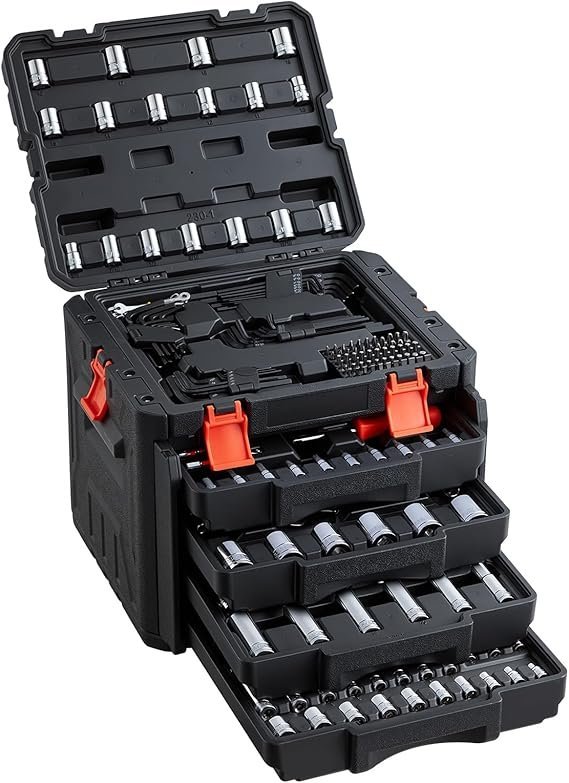 71d2ywFBGQL._AC_SX569_-1.jpg VEVOR Mechanics Tool Set and Socket Set, 1/4″ 3/8″ 1/2″ Drive Deep and Standard Sockets, 450 Pcs SAE and Metric Mechanic Tool Kit with Bits, Combination Wrench, Hex Wrenches, Accessories, Storage Case - Image 1