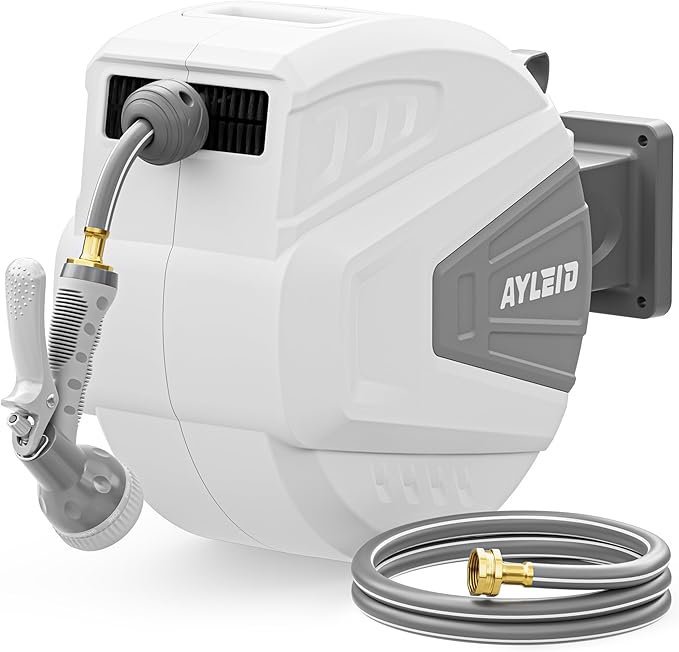 71gX1w6I4yL._AC_SX679_-1.jpg Ayleid Retractable Garden Hose Reel,1/2 in x 100 ft Wall Mounted Hose Reel, with 9- Function Sprayer Nozzle, Any Length Lock/Slow Return System/Wall Mounted/180°Swivel Bracket (Gray) - Image 1