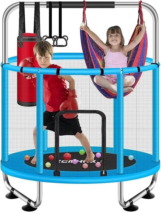 71l6s98NHL._AC_SY741_-1.jpg ZCMHAXJ 55″ Trampoline for Kids with Enclosure, 440lbs Capacity Indoor & Outdoor Toddler Trampoline with Adjustable Gymnastics Bar & Toys, for Boys & Girls - Image 1