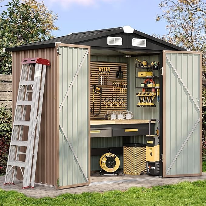 810ORxotJ3L._AC_SX679_-2.jpg Aoxun 6.2×4 FT Shed Outdoor Storage Shed with Lockable Doors & Slooping Roof Metal Garden Tool Shed for Backyard, Patio, Poolside (Brown) - Image 1