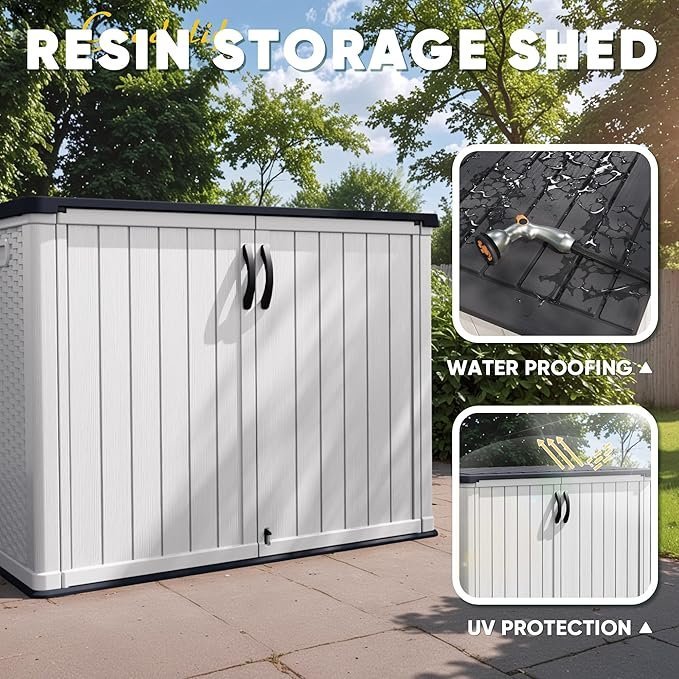 81AAvORzDFL._AC_SX679_-1.jpg Devoko Outdoor Storage Cabinet 26 Cu Ft with Lockable Doors, Horizontal Storage Shed Waterproof Patio Tools Storage Box for Sofa Cushions, Gardening Tools and Accessories (White) - Image 1