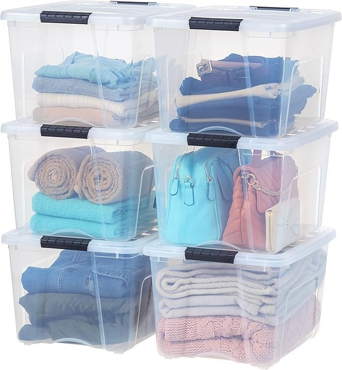 81C2C4R6dIL._AC_SX679_-1.jpg IRIS USA 40 QT Plastic Storage Box with Lid and Latches – 6 Pack – BPA-Free, See-Through Organizing Solution, Durable Nestable Stackable Containers, Secure Pull Handle – Clear - Image 1