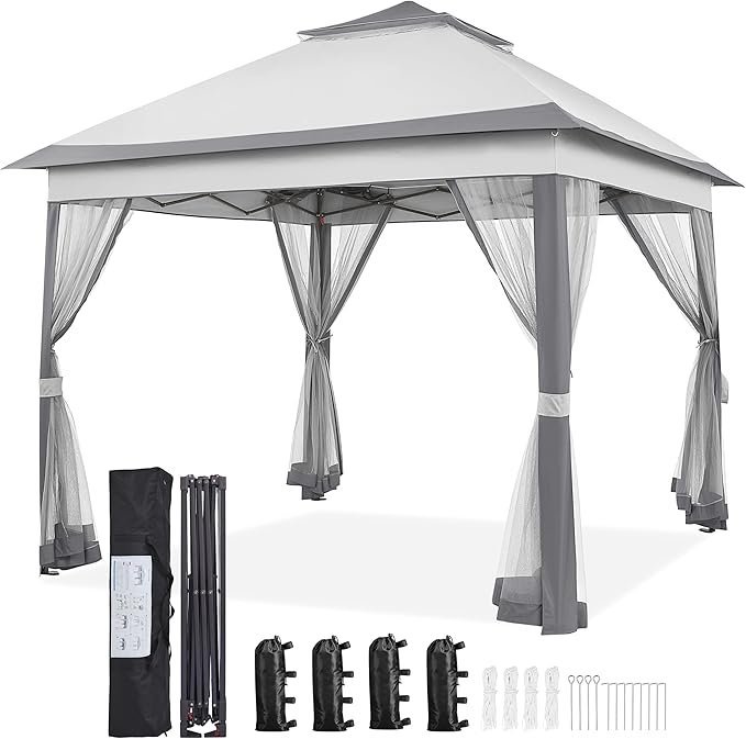 81CkbfAnr3L._AC_SX679_-1.jpg Yaheetech 11×11 Pop Up Gazebo Outdoor Canopy Shelter, Instant Patio Gazebo Sun Shade Canopy Tent with 4 Sandbags, 2 Tiers Roof & Mesh Netting for Lawn, Garden, Backyard & Deck, Gray - Image 1