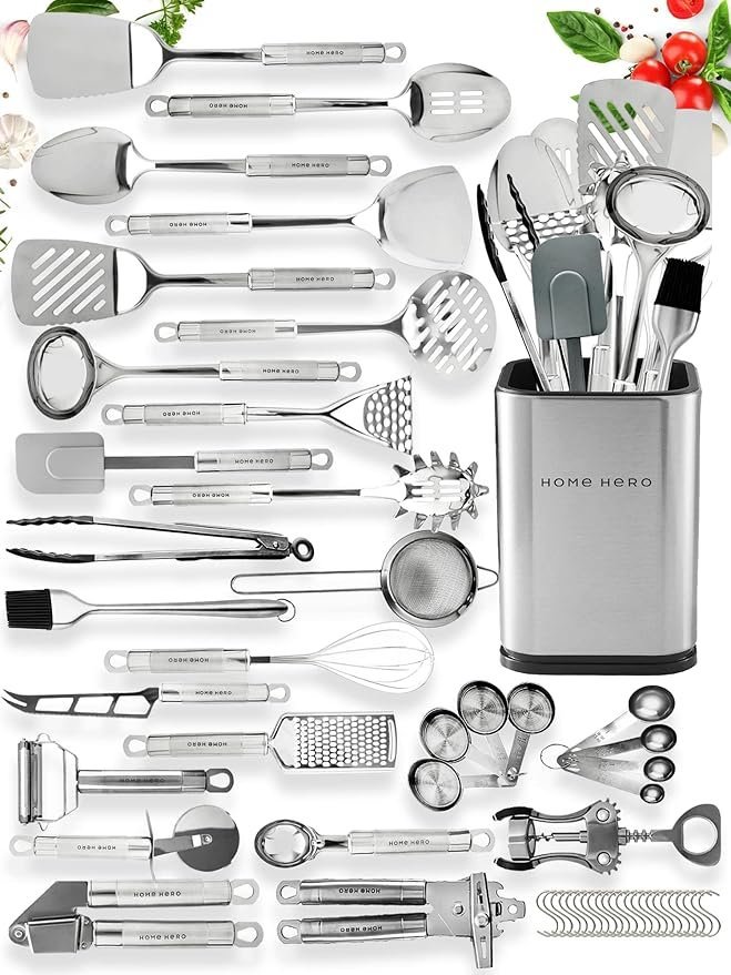 81Im3uC5HBL._AC_SY879_-1.jpg Home Hero 54-Piece Stainless Steel Kitchen Utensils Set – Heat-Resistant Nonstick Silicone & Stainless Steel Cooking Utensils – Complete Tools with Slotted Spoon & Pasta Spoon – Pack of 54, Silver - Image 1