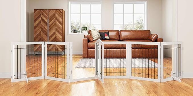 81IukVIFq4L._AC_SX679_-1.jpg PAWLAND 144-inch Extra Wide 30-inches Tall Dog gate with Door Walk Through, Freestanding Wire Pet Gate for The House, Doorway, Stairs, Pet Puppy Safety Fence, Support Feet Included, White,6 Panels - Image 1