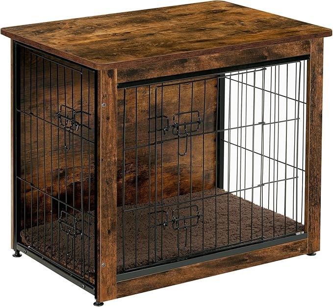 81M6TatVFDL._AC_SX679_-1.jpg DWANTON Dog Crate Furniture with Cushion, Wooden Kennel Table with Double Doors, Indoor Dog House, Small/Medium/Large/Extra Large Size, 27.2″ L, Rustic Brown - Image 1