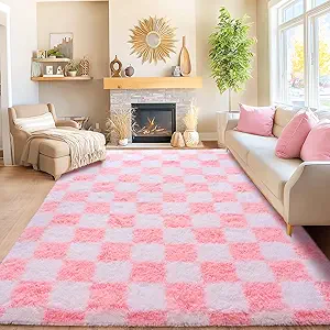81MQ9UlFqCL._AC_SY300_SX300_QL70_FMwebp_-1-1.webp Area Rugs for Living Room Bedroom 9×12, Ultra Fluffy Shag Checkered Rug Modern Washable Carpet Soft Shaggy Non Slip Indoor Plush Fuzzy Rugs for Bedroom Dorm Office Home Aesthetic Decor, Pink and White - Image 1