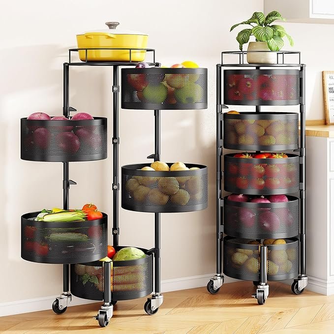 81N9QYgPL5L._AC_SX679_-1.jpg SNTD Fruit and Vegetable Basket Bowls for Kitchen with Metal Top Lid, 5 Tier Rotating Storage Rack Cart for Potato Onion Bread Banana, Wire Basket Organizer on Wheels, Large, Black - Image 1