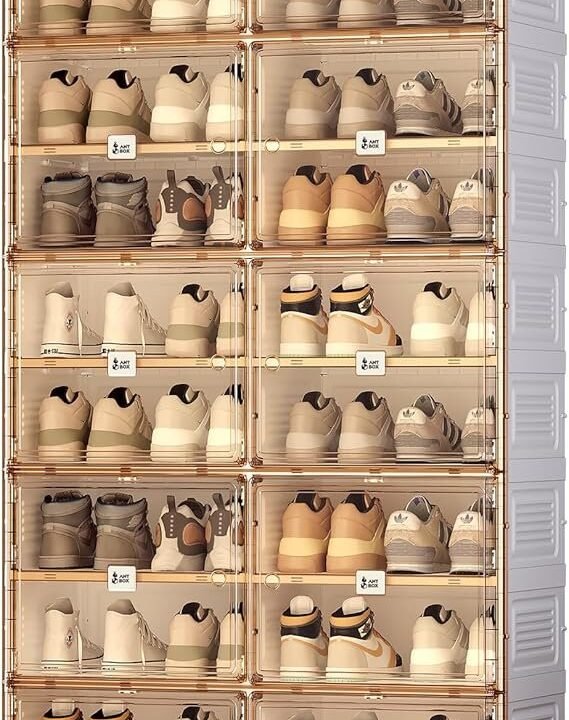 ANTBOX Portable Shoe Rack Organizer for Closet Entryway, Stackable Sneaker Storage Shoe Cabinet with Magnetic Clear Door, Large Plastic Storage containers Bins with Lids 10 Tiers 40 Pairs