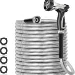 SPECILITE 200ft 304 Stainless Steel Garden Hose Metal, Heavy Duty Water Pipe with Nozzles for Yard, Outdoor – Flexible, Never Kink & Tangle, Puncture Resistant (Sliver)