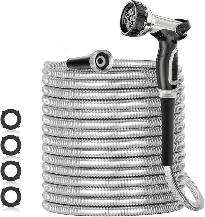 81PsVOrCmzL._AC_SX679_-1.jpg SPECILITE 200ft 304 Stainless Steel Garden Hose Metal, Heavy Duty Water Pipe with Nozzles for Yard, Outdoor – Flexible, Never Kink & Tangle, Puncture Resistant (Sliver) - Image 1