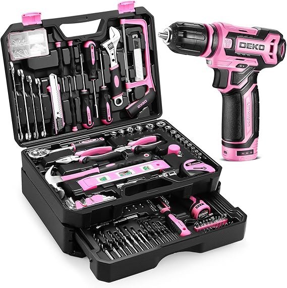 81VNaeQU0lL._AC_SX569_-1.jpg Pink Tool Kit Box Drill Set:DEKOPRO Home Mechanic Toolbox with 12V Power Cordless Drill Hand Repair Tools Sets Combo Kits Storage Organizer Drawer Case for Men & Women - Image 1