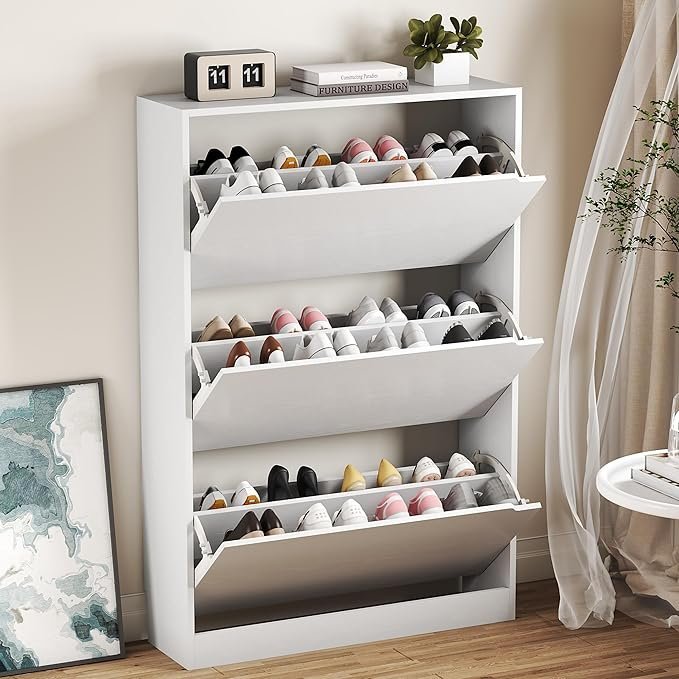 81VTv0IokkL._AC_SX679_-1.jpg BORNOON Shoe Cabinet with 3 Flip Drawers, Hidden Wood Shoe Cabinet,Freestanding Shoe Storage Cabinet for Entryway Hallway.White. 47.2″ H*31.5″ W*9.45″ D. - Image 1
