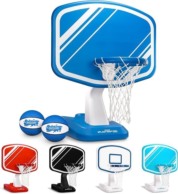 81ssFqrVptL._AC_SX679_-1.jpg GoSports Splash Hoop Swimming Pool Basketball Game, Includes Poolside Water Basketball Hoop, 2 Balls and Pump – Choose Your Style - Image 1