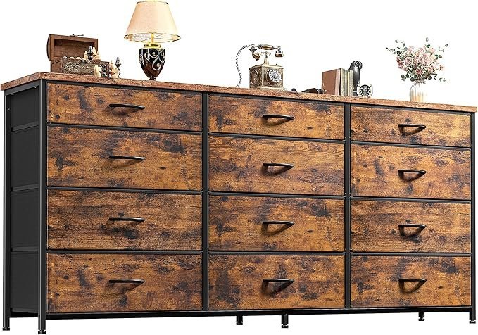 91IKu4jGpcL._AC_SX679_-1.jpg Romorgniz 55″ Dresser for Bedroom with 12 Fabric Drawers, Entertainment Center for 60 inch TV Dressers & Chests of Drawers Large Organizer, Living Room, Metal Frame, Wood Top, Rustic Brown - Image 1