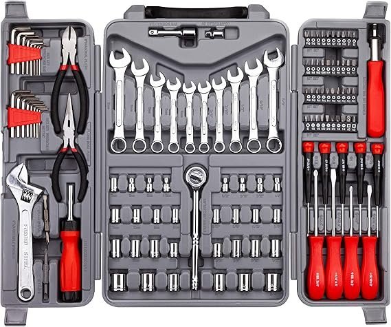 91aGvsoG1L._AC_SX569_-1-1.jpg CARTMAN 205 Piece Ratchet Wrench Tool Set 1/4″ & 3/8″ & 1/2″ Drive with SAE/Metric Sockets Kit in Plastic Toolbox - Image 1