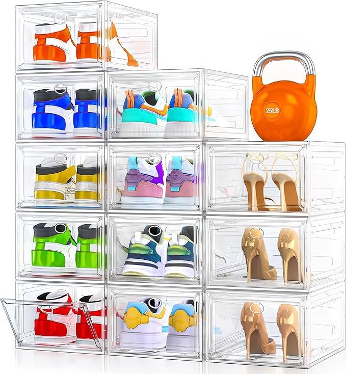 91bZboM8iPL._AC_SX679_-2.jpg 12 Pack Clear Shoe Storage Organizer with Magnetic Door,Stackable Plastic Shoe Boxes for Sneakers,Boots,and Heels,Space-Saving Foldable Shoe Rack for Closet,Durable Shoe Cabinet Organizer,White - Image 1