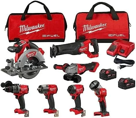B0CCXKCCJF-0-1756233692738-1-1.webp Milwaukee M18 FUEL 18V Lithium-Ion Brushless Cordless Combo Kit with Two 5.0 Ah Batteries, 1 Charger, 2 Tool Bags (7-Tool) - Image 1
