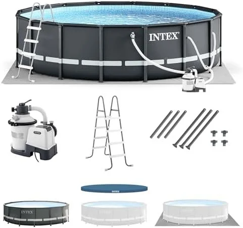 j1-13-1-1.webp Intex Ultra XTR Frame 14′ x 42″ Round Above Ground Outdoor Swimming Pool Set with Sand Filter Pump, Ladder, Ground Cloth, and Pool Covers - Image 1