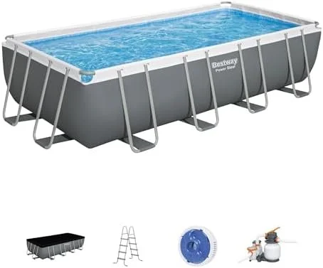 l1-8-1-1.webp Bestway Power Steel 18′ x 9′ x 48″ Rectangular Metal Frame Above Ground Outdoor Swimming Pool Set with 1,500 GPH Filter Pump, Ladder, and Pool Covers - Image 1