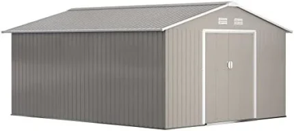 Outsunny 11′ x 13′ Outdoor Storage Shed, Garden Tool Metal Shed with Foundation Kit, Double Lockable Door, Air Vents and Slopings Roofs, for Backyard, Patio, Lawn, Light Grays
