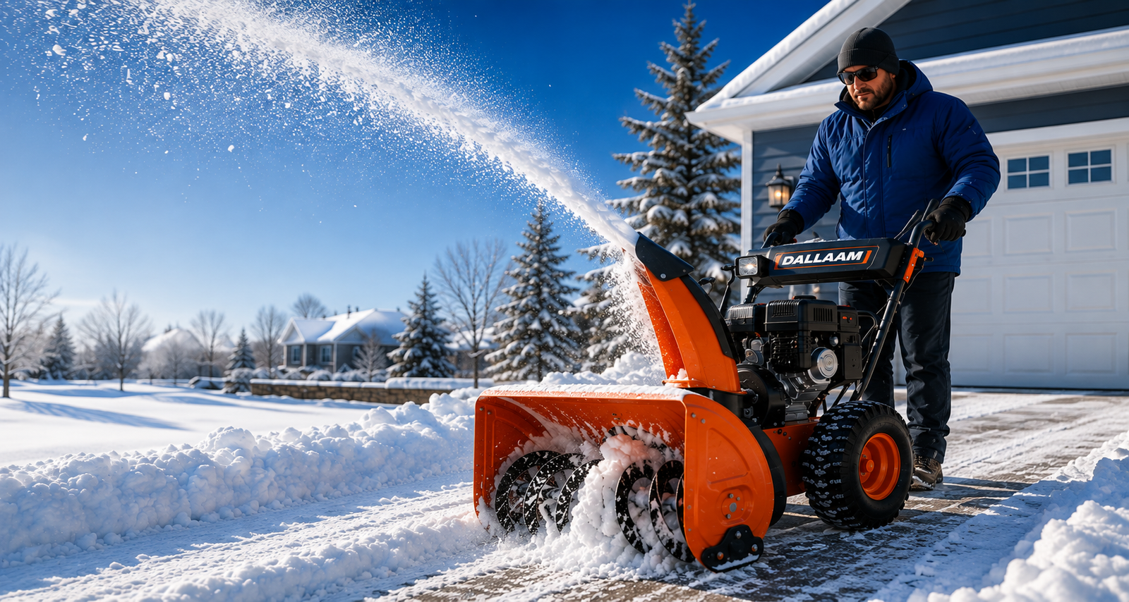 Dallaam snow blower clearing a snowy driveway